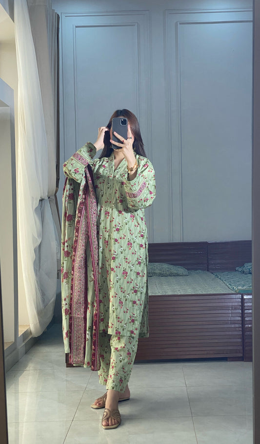 3 Piece -Pure Lawn Stitched Dress - 096