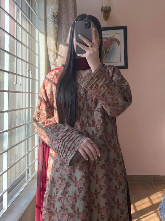 3 Piece- Pure Cotton Lawn Stitched Dress -244