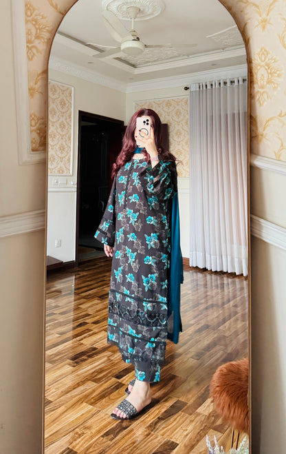 3-Pc Cambric Dobby Cotton Stitched Dress-057