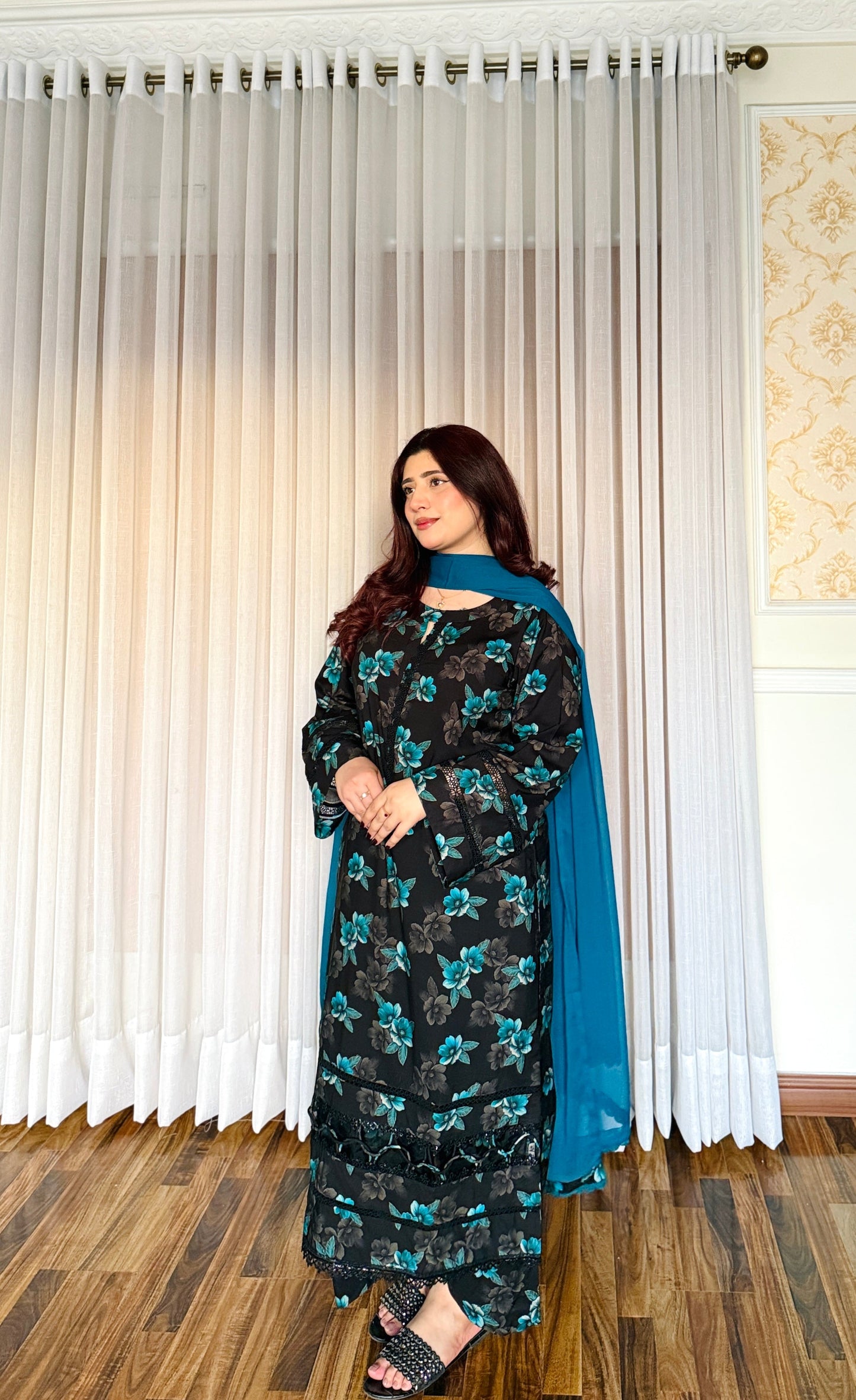 3-Pc Cambric Dobby Cotton Stitched Dress-057