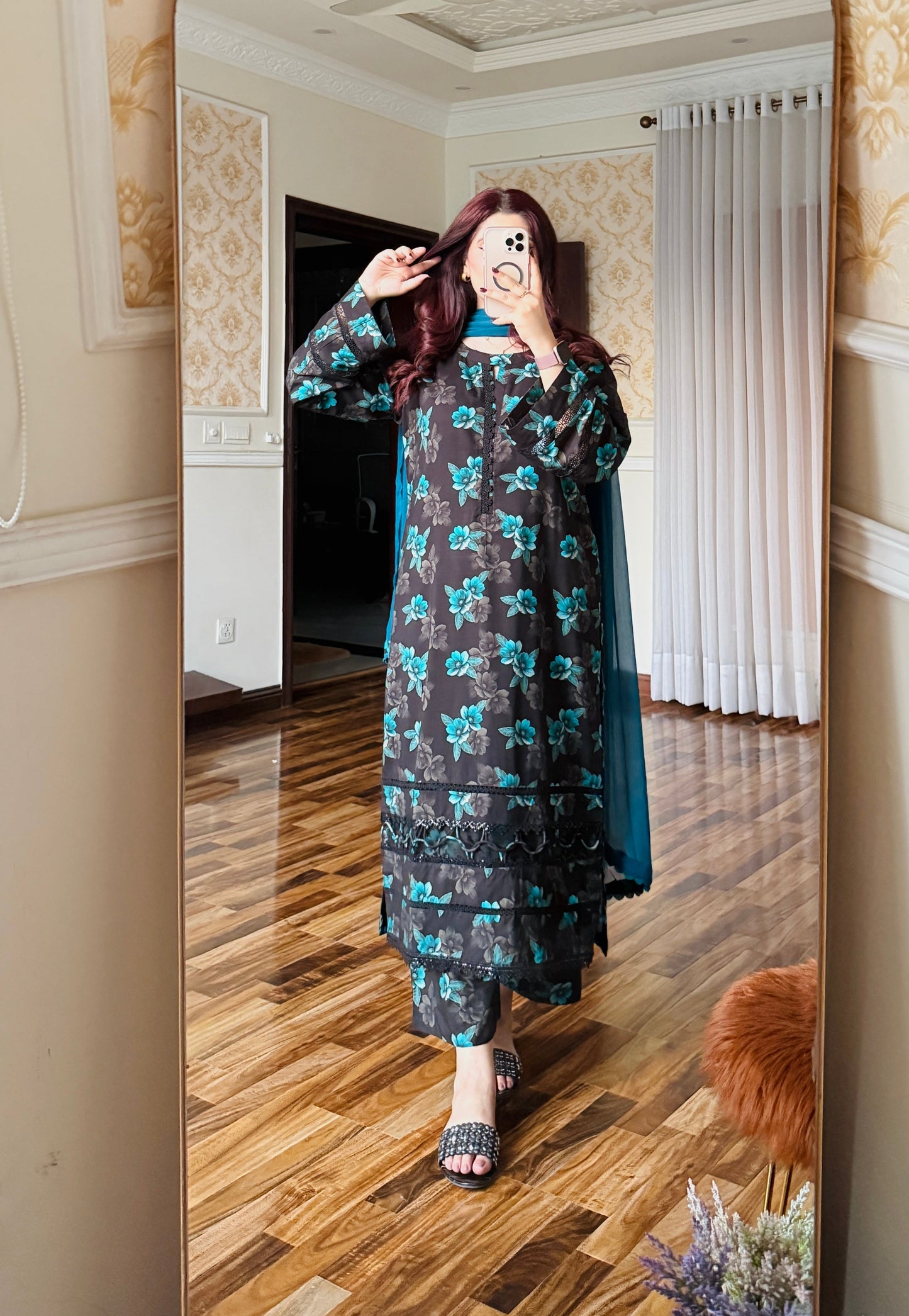 3-Pc Cambric Dobby Cotton Stitched Dress-057