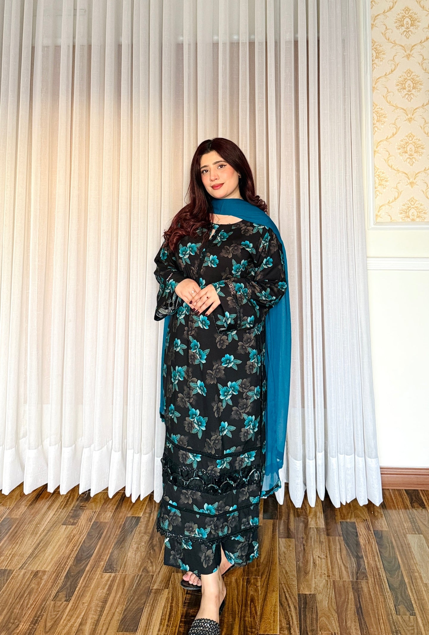 3-Pc Cambric Dobby Cotton Stitched Dress-057