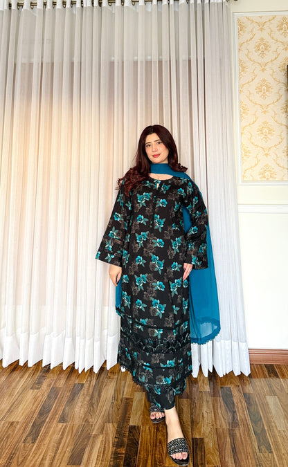 3-Pc Cambric Dobby Cotton Stitched Dress-057