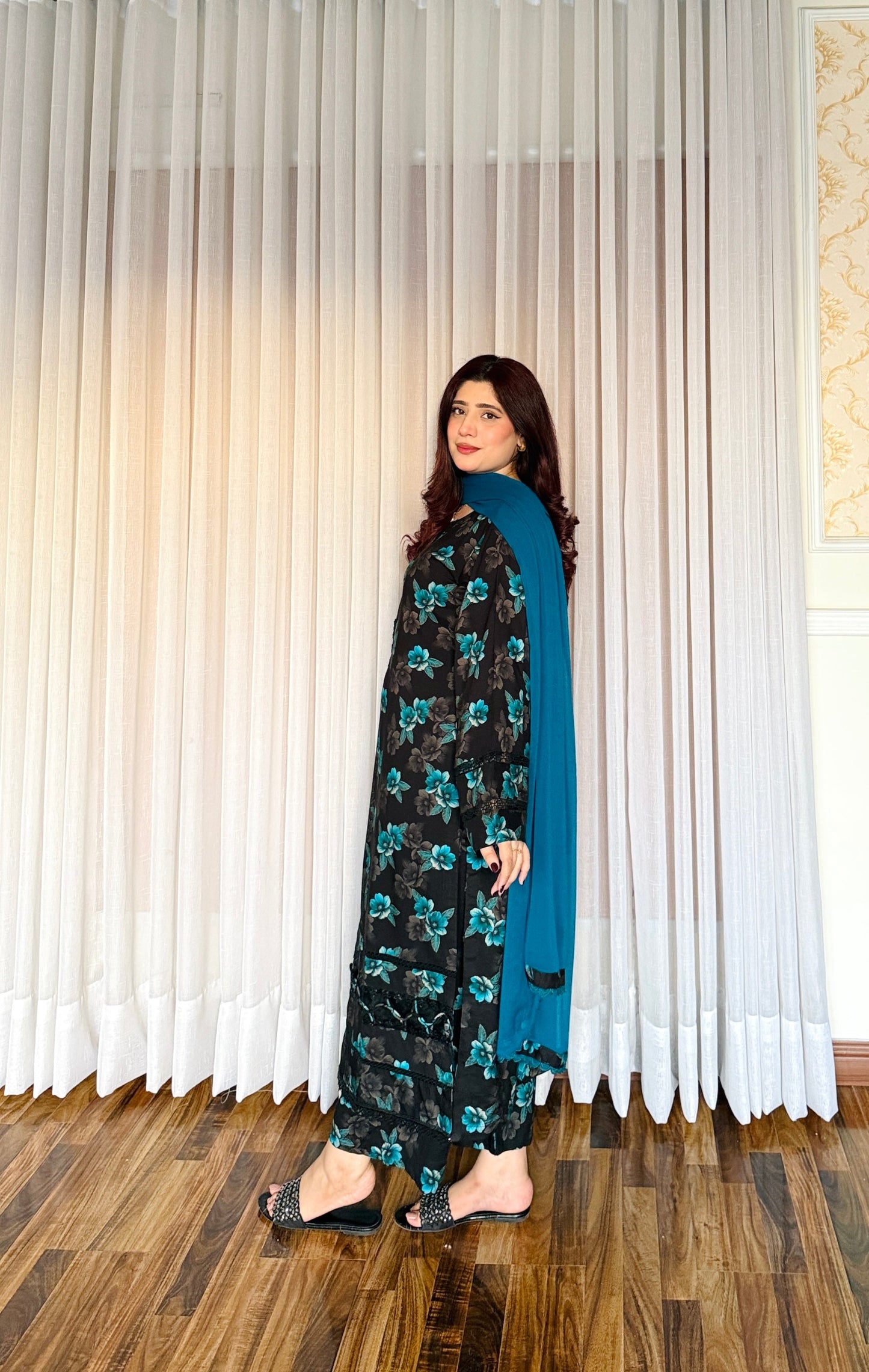 3-Pc Cambric Dobby Cotton Stitched Dress-057