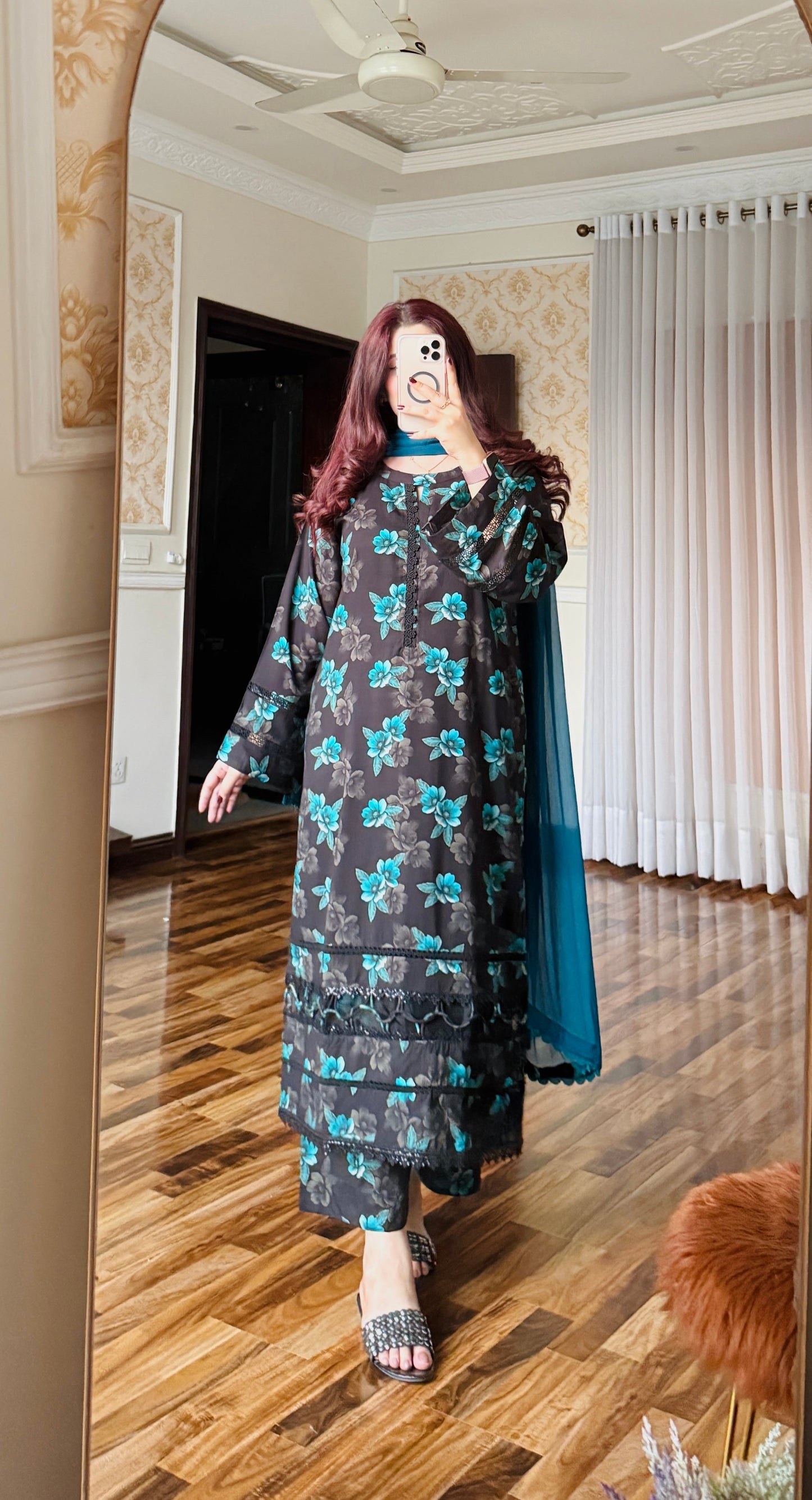 3-Pc Cambric Dobby Cotton Stitched Dress-057