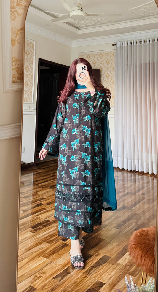 3-Pc Cambric Dobby Cotton Stitched Dress-057