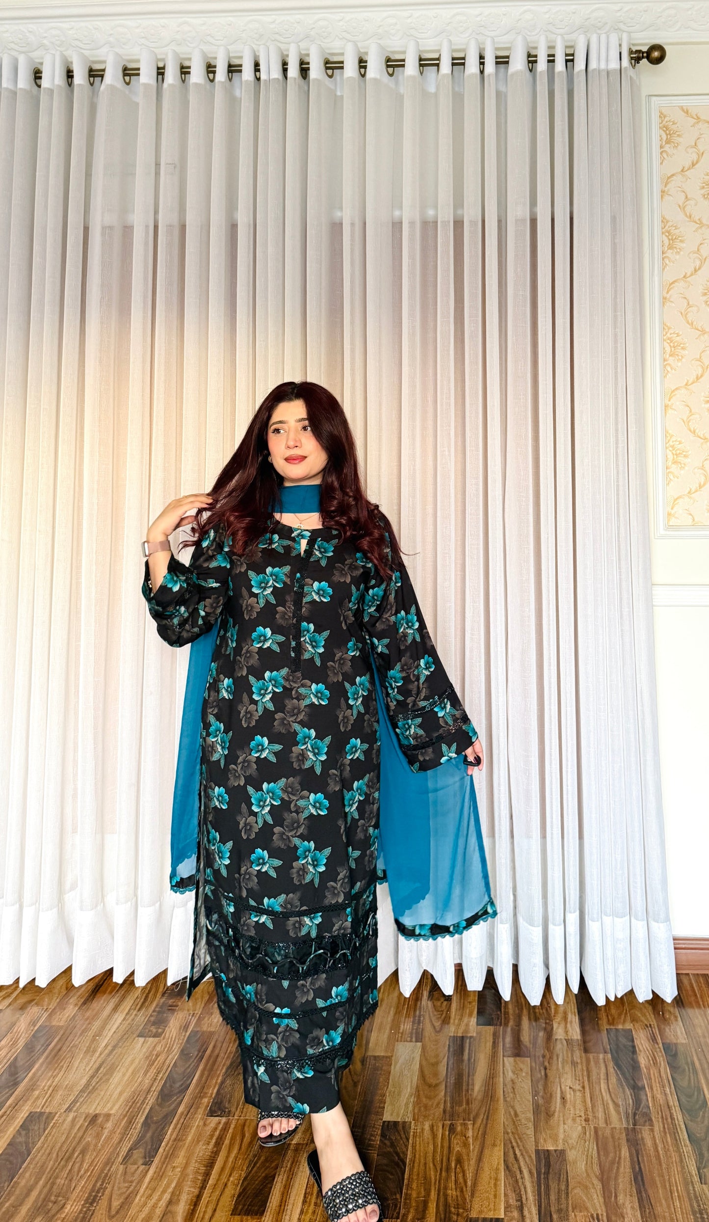 3-Pc Cambric Dobby Cotton Stitched Dress-057