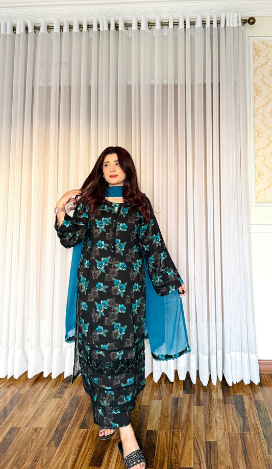 3-Pc Cambric Dobby Cotton Stitched Dress-057