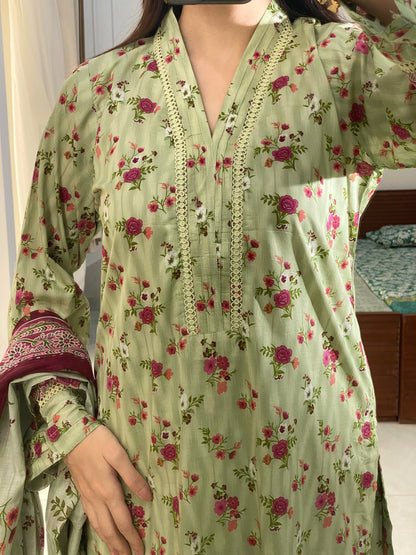 3 Piece -Pure  Lawn Stitched Dress - 096