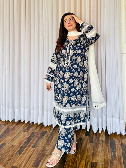 3-Piece Cambric Dobby Viscose Cotton Stitched Dress -059