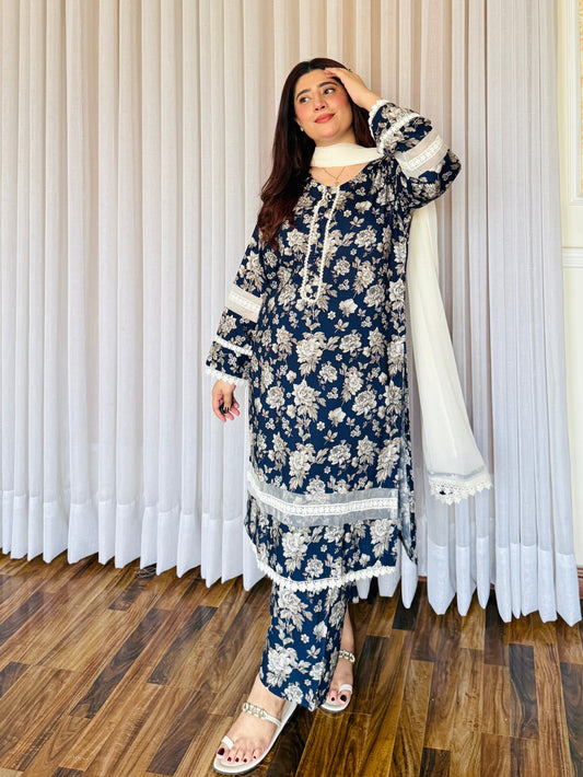 3-Piece Cambric Dobby Cotton Stitched Dress -059