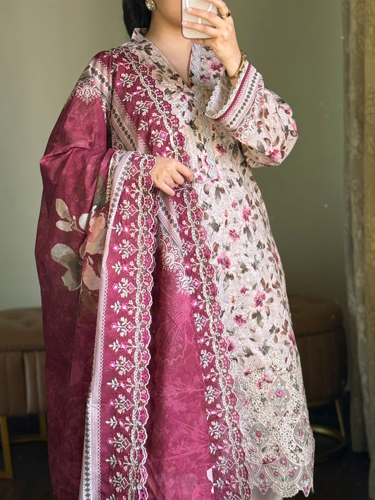 3 Piece-Embroided Lawn Stitched Dress -258