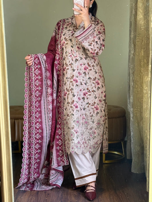 3 Piece-Embroided Lawn Stitched Dress -258