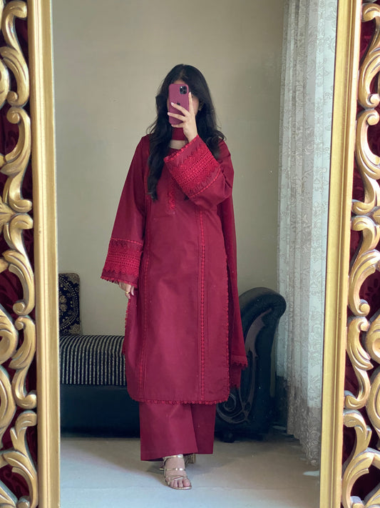 3-Piece Cambric Lawn Cotton Stitched Suit-221