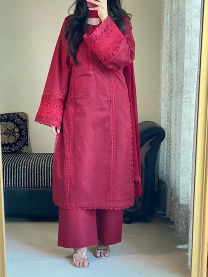 3-Piece Cambric Lawn Cotton Stitched Suit-221