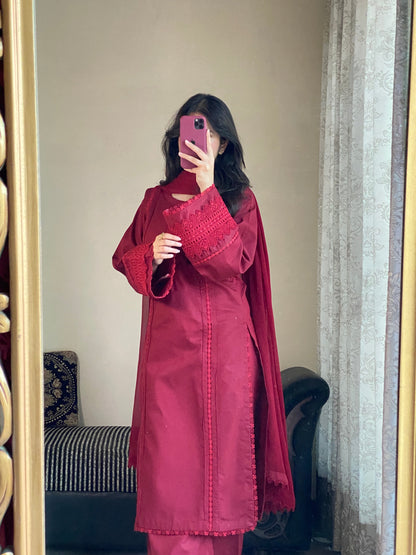 3-Piece Cambric Lawn Cotton Stitched Suit-221