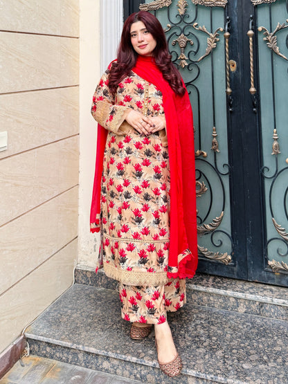 3-Piece- Winter Slub Lenan Stitched Dress - 056