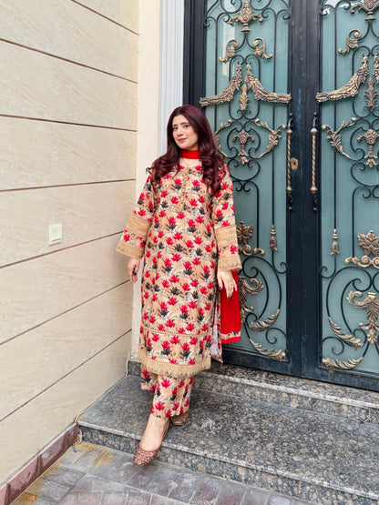 3-Piece- Winter Slub Lenan Stitched Dress - 056