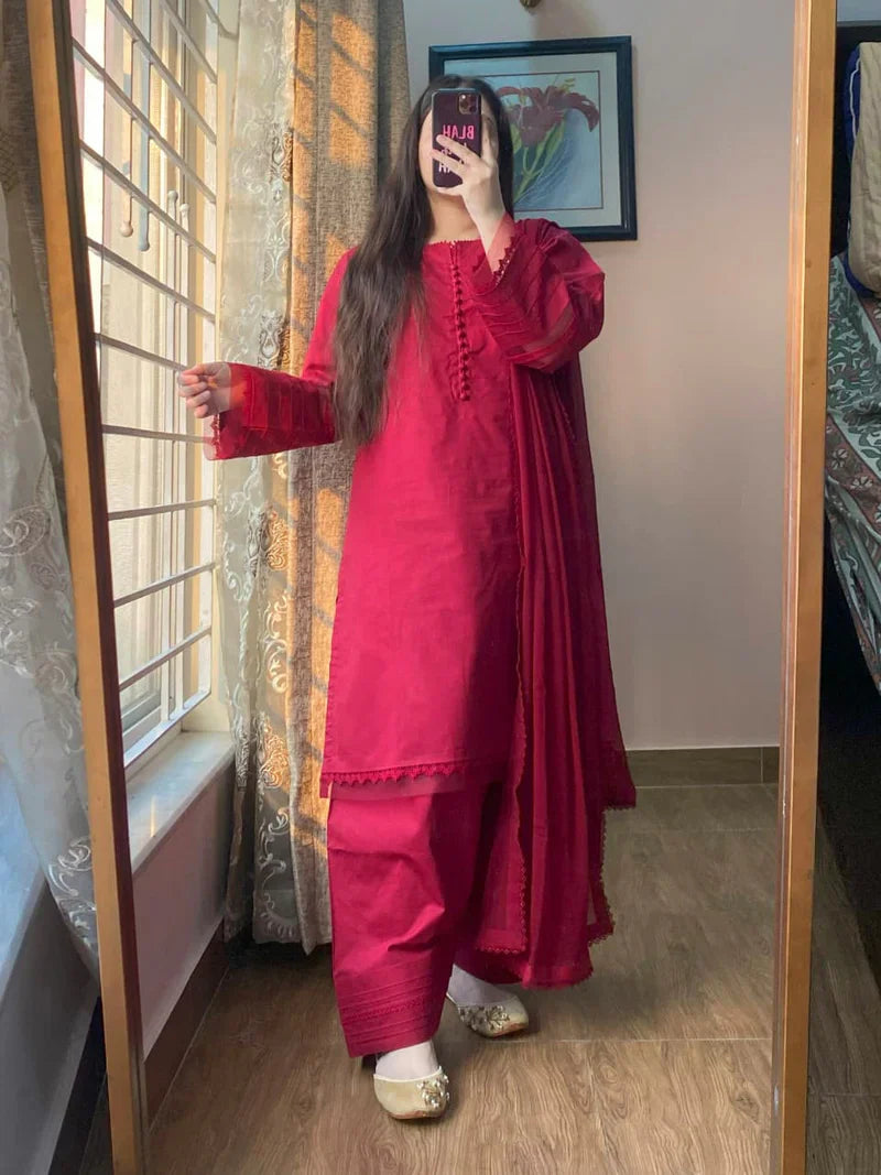 3-Piece Cambric Cotton Stitched Suit-215