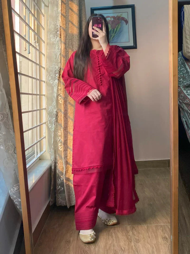 3-Piece Cambric Cotton Stitched Suit-215