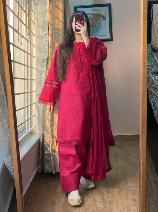 3-Piece Cambric Cotton Stitched Suit-215