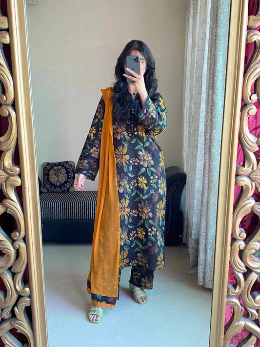 3 Piece -Dobby Lawn Stitched Dress - 084