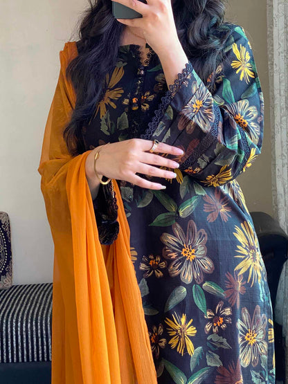 3 Piece -Dobby Lawn Stitched Dress - 084