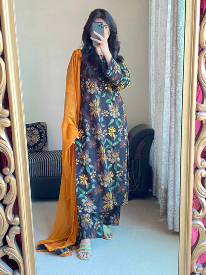 3 Piece -Dobby Lawn Stitched Dress - 084