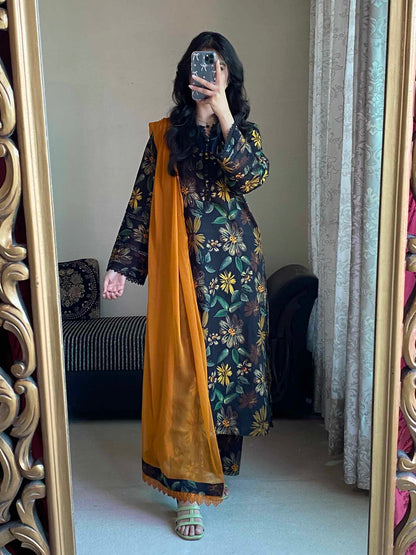 3 Piece -Dobby Lawn Stitched Dress - 084