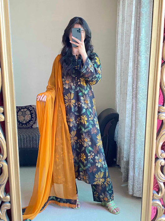 3 Piece -Dobby Lawn Stitched Dress - 084